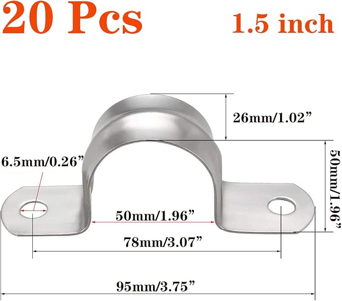 20 Pcs 1.5inch Rigid Pipe Strap, Two Hole Stainless Steel Strap U Bracket - Image 2