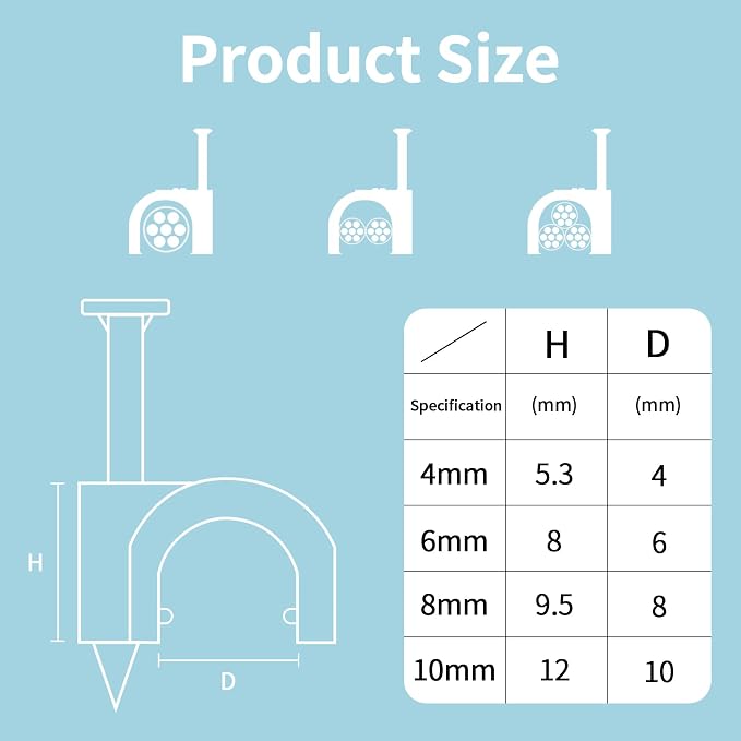 Abnii Cable Nails Clips, 4mm 6mm 8mm 10mm, Wire Wall Clips, Cable Tacks Coax - Image 2