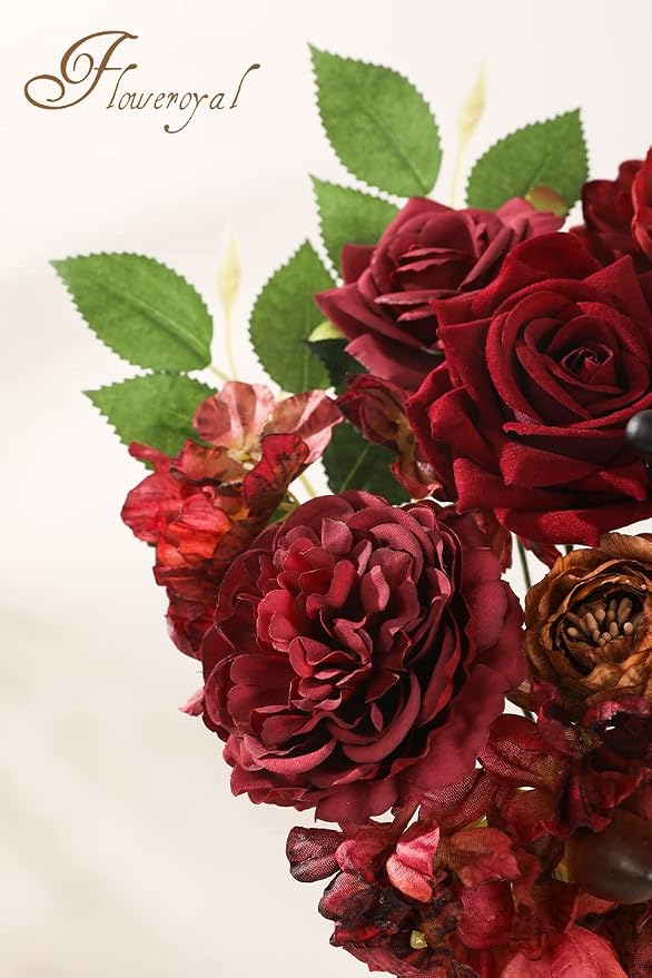 Artificial Flowers Combo Burgundy Flowers Mix Silk Flowers Dahlia Roses - Image 4
