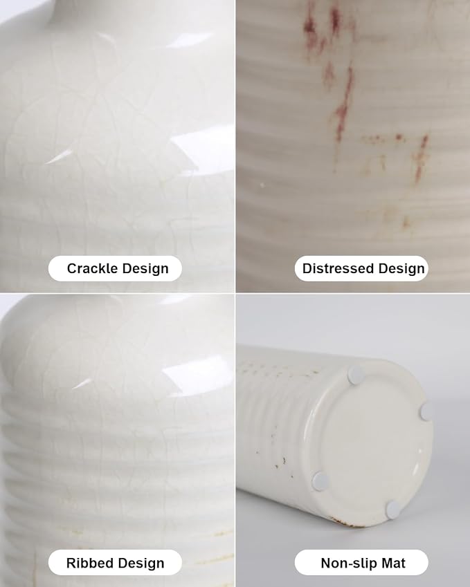 White Ribbed Ceramic Vase Set of 3, Clay Bottle Vases - Image 3