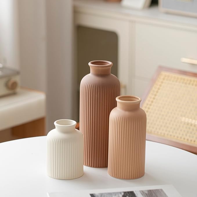 Large Modern Ceramic Vase Set, Coffee Ribbed Matte Design, 3-Piece Decorative - Image 6