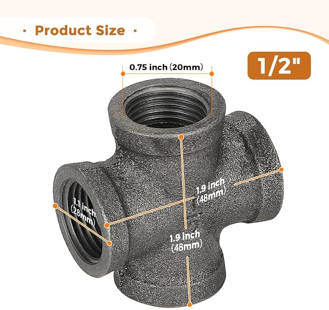 1/2" Pipe Fittings 4-Way Cross Fitting Home Expert 10 Pack | Malleable Cast - Image 3