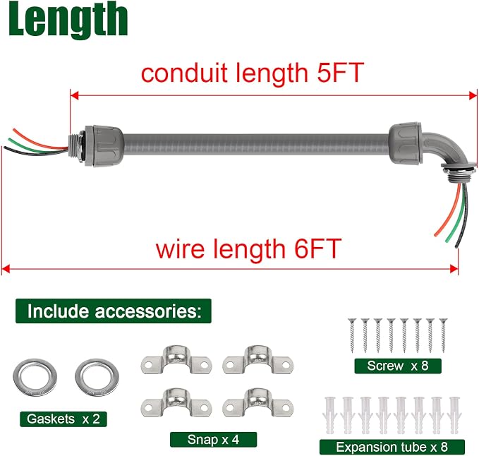 6FT Liquid-Tight Conduit Kit, 1/2" Pre-Wired Electrical Whip - Image 5
