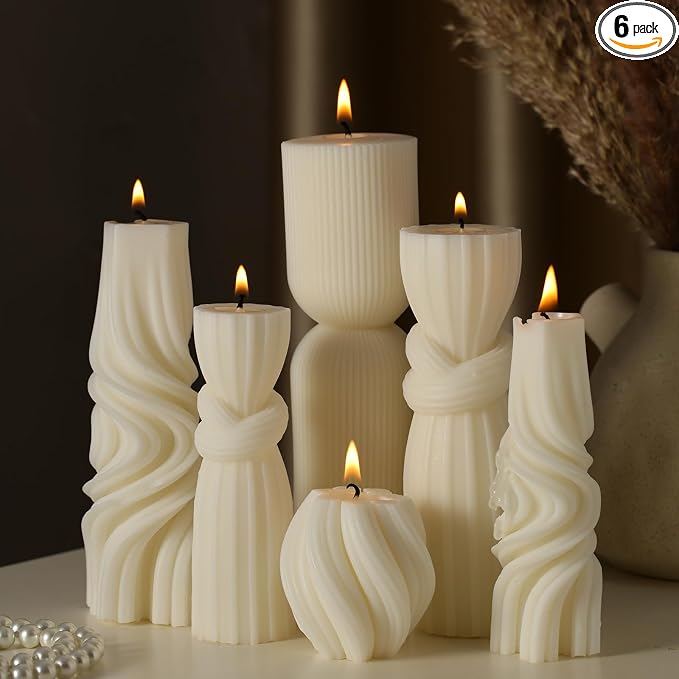 Threlaco 6 Pcs Ribbed Pillar Candles, 2.36-6.89 Inch Heights, Modern Spiral by Threlaco