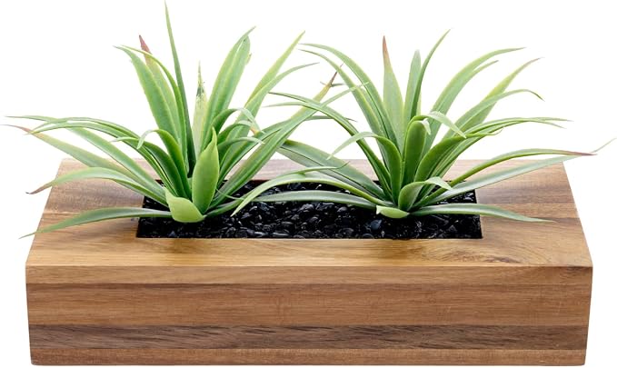 MyGift 10 Inch Artificial Grass Plant in Acacia Wood Planter, Faux Greenery | - Image 6