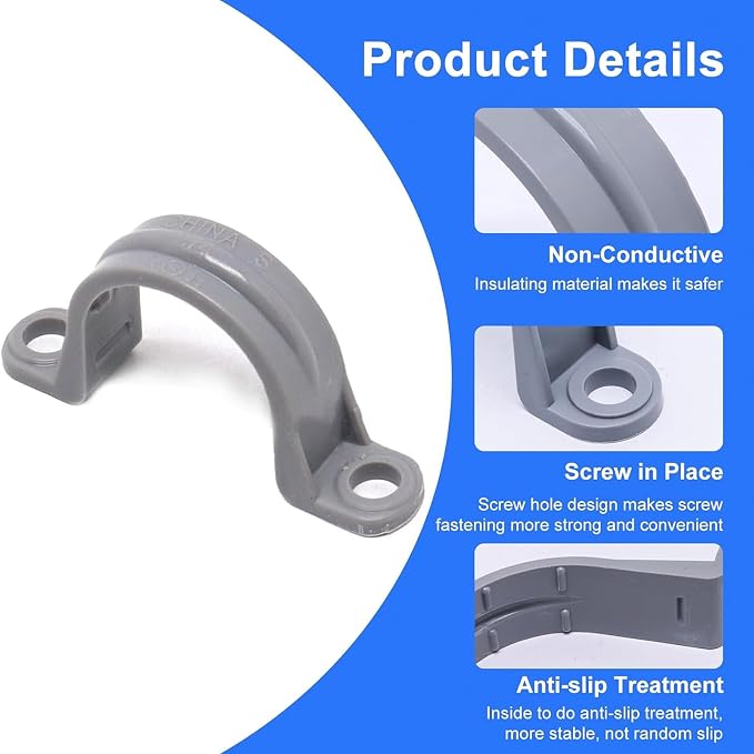3/4 Inch PVC Pipe Strap, 2-Holes Conduit Pipe Clamps Plastic Pipe Supports - Image 3