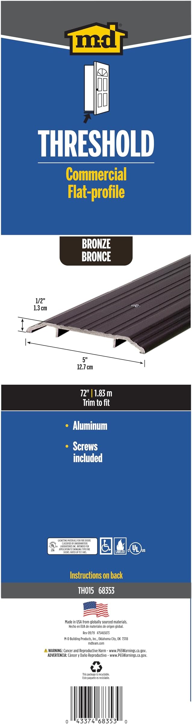 5 in. x 1/2 in. x 72 in. Bronze Aluminum Commercial Flat-Profile Threshold - Image 6
