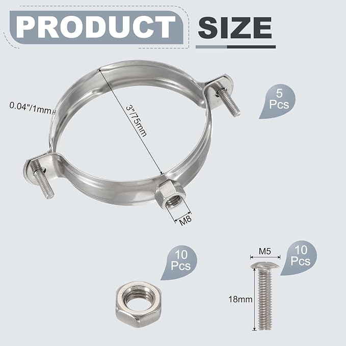 HARFINGTON 5pcs 201 Stainless Steel 3"/75mm Split Ring Pipe Hanger Pipe Strap - Image 2