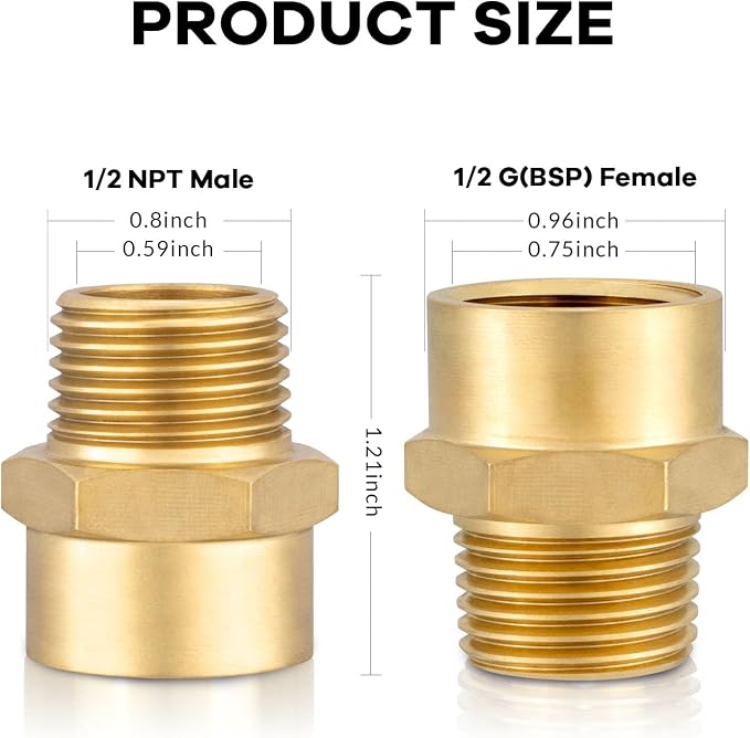 2 Pack 1/2" G Female Thread to US 1/2" NPT Male Thread Pipe Fitting, Brass Pipe - Image 2