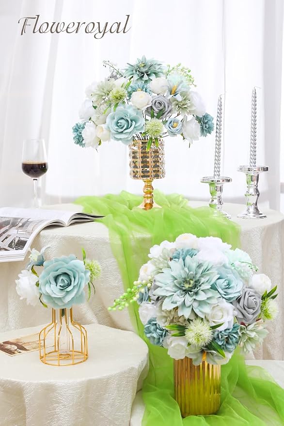 Artificial Flowers Combo Teal Blue Flowers Mix Silk Flowers Dahlia Roses - Image 4