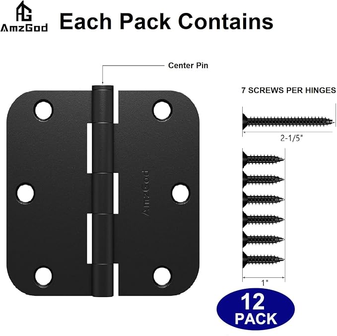 Door Hinges Matte Black 3.5 Inch Rounded 5/8" Radius 12 Pack | Black Interior - Image 3
