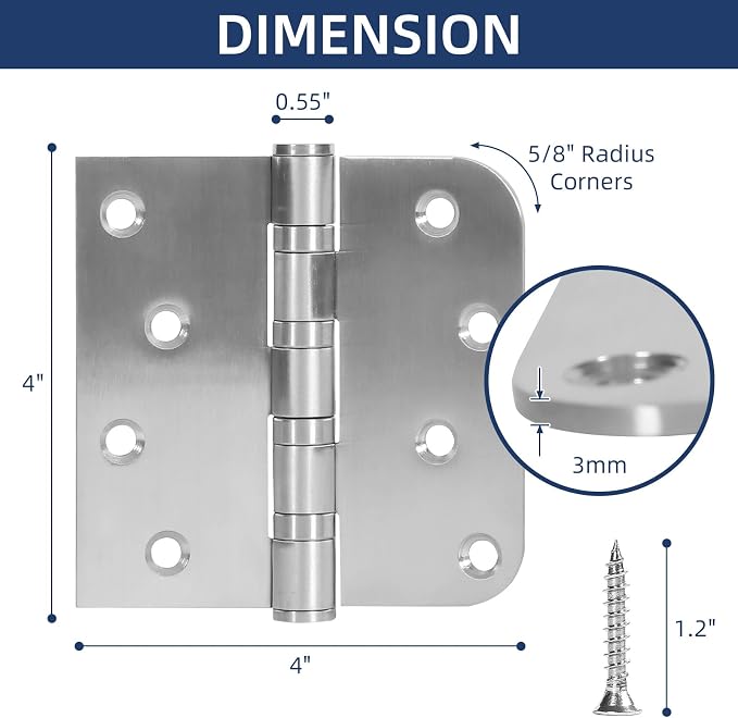 3 Pack Ball Bearing Door Hinges, 4 Inch x 4 Inch Heavy Duty Stainless Steel - Image 3