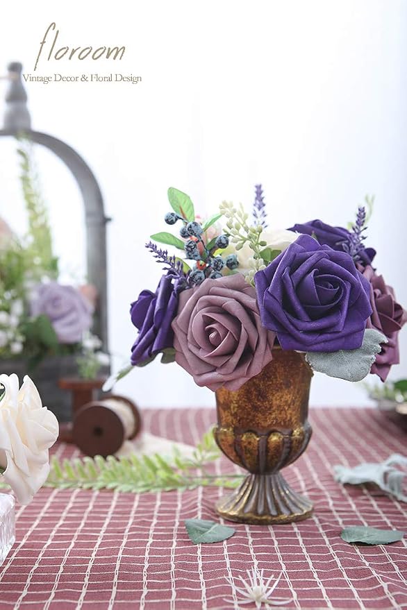 Artificial Flowers 50pcs Real Looking Dark Purple Foam Fake Roses - Image 3