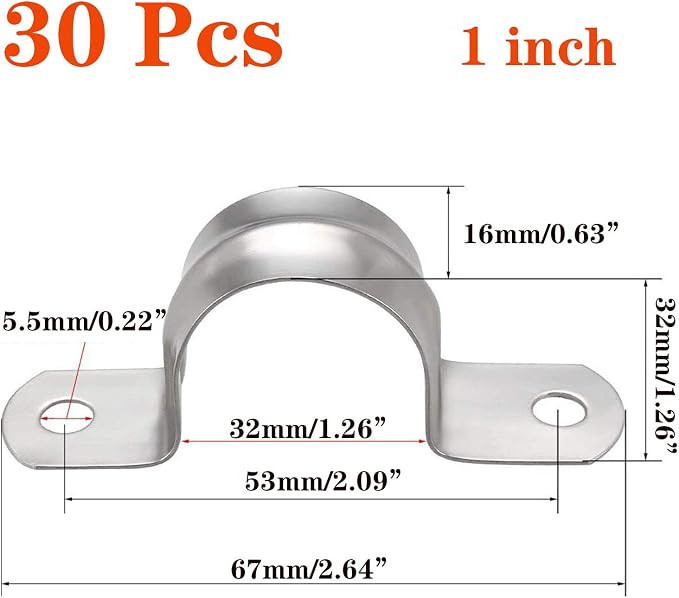 30 Pcs 1inch Rigid Pipe Strap, Two Hole Stainless Steel Strap U Bracket - Image 2