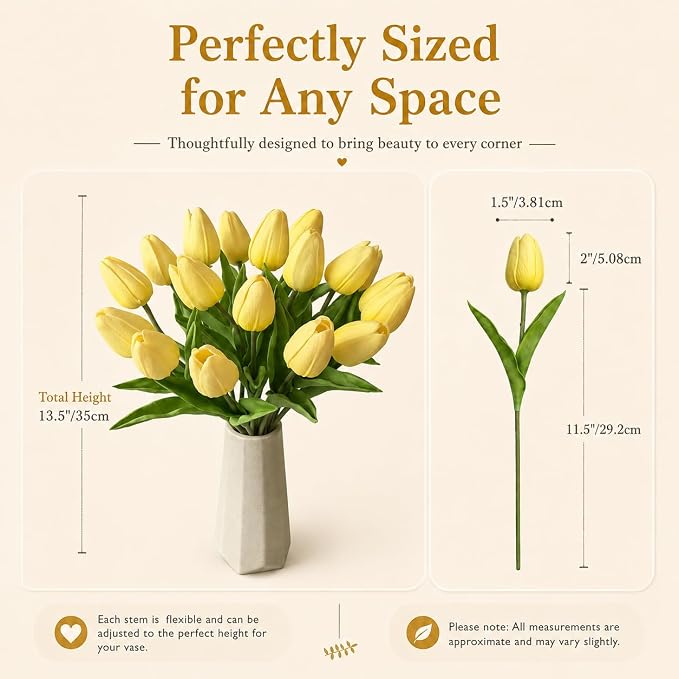 Mandy's 20pcs Artificial Light Yellow Tulips | 13.5 Inch Lifelike PU Tulips - Image 3