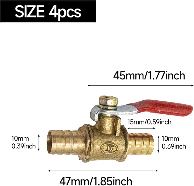 4-Pack 3/8 Inch Brass Ball Valve, 10mm Hose Barb - Image 2