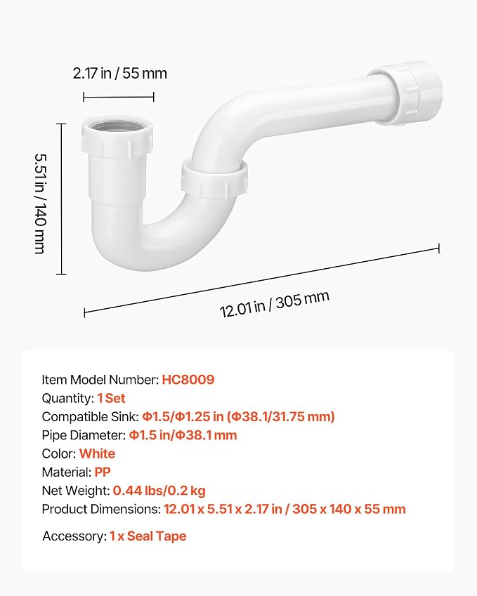 VEVOR P-Trap, 1-1/2 Inch P Trap Sink Drain Pipe Kit - Image 7