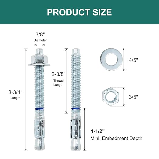 3/8" x 3-3/4" Concrete Anchors 3/8 inch Wedge Anchors Bolts Zinc Plated - Image 2