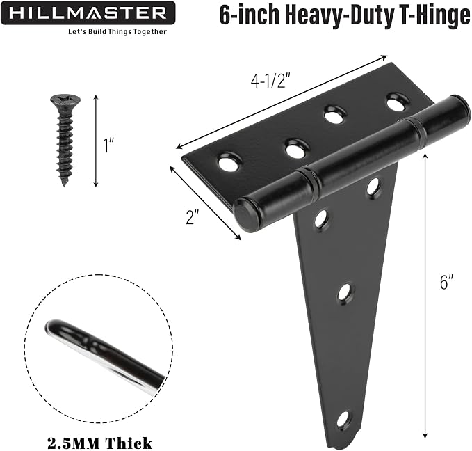 HILLMASTER 6 Inch T-Strap Heavy Duty Shed Door Hinges Gate Strap Hinges Black - Image 2