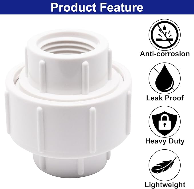 1/2 inch PVC Pipe Union Fittings, PVC Connectors Female Thread Coupling - Image 3