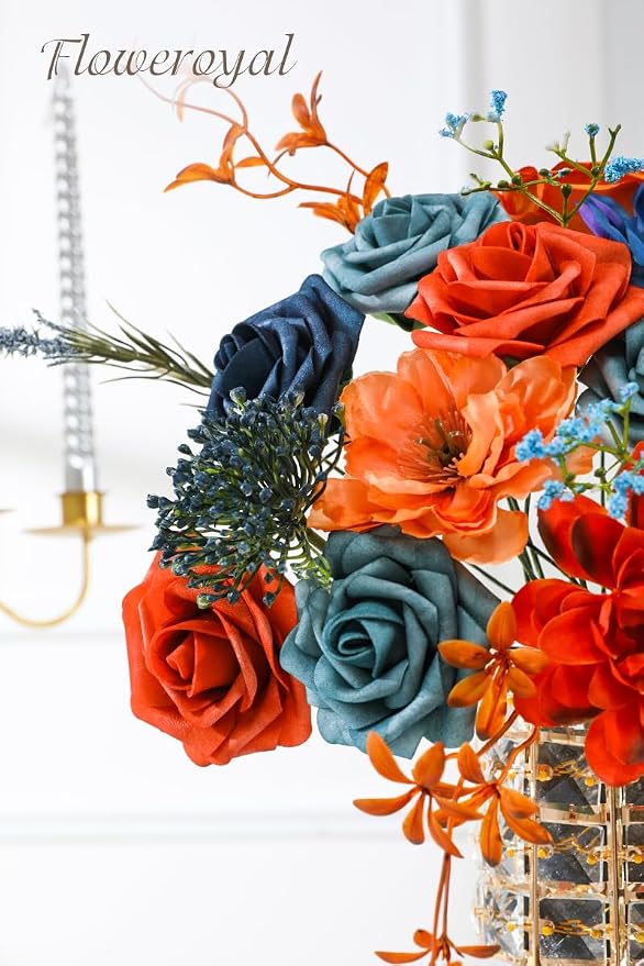Artificial Flowers Combo Orange Flowers Mix Silk Flowers Dahlia Roses - Image 2