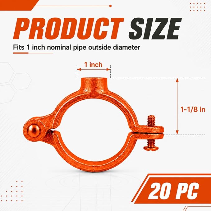 Orange 20 Pack 1'' Hinged Split Ring Pipe Hanger, Copper Epoxy Coated Iron - Image 2