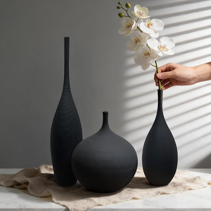 Black Ceramic Vases Set of 3, Modern Boho Vases - Image 4