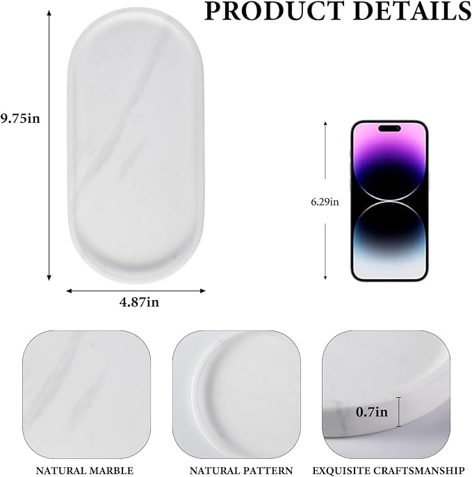 White Marble Oval Tray for Bathroom Countertop, Stone Perfume Organizer Tray - Image 2