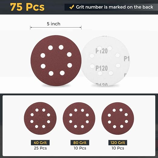 HARFINGTON 75Pcs 5Inch Sanding Disc 8 Hole Hook and Loop Sandpaper Red | - Image 2