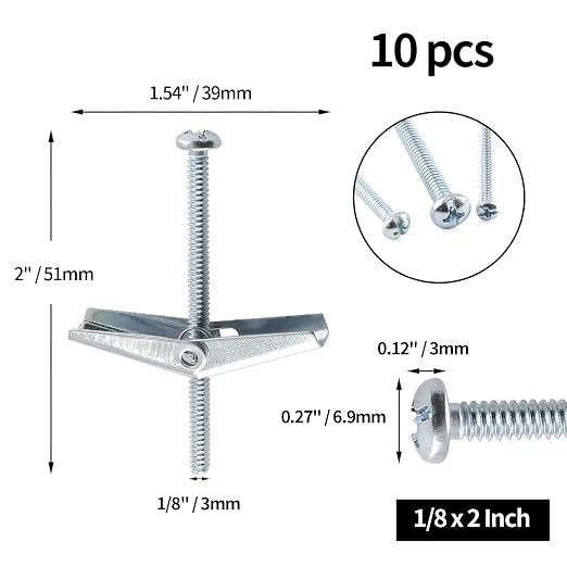 1/8 x 2 Inch Round Head Toggle Bolt and Wing Nut, Wall Anchor Bolts, Molly - Image 4