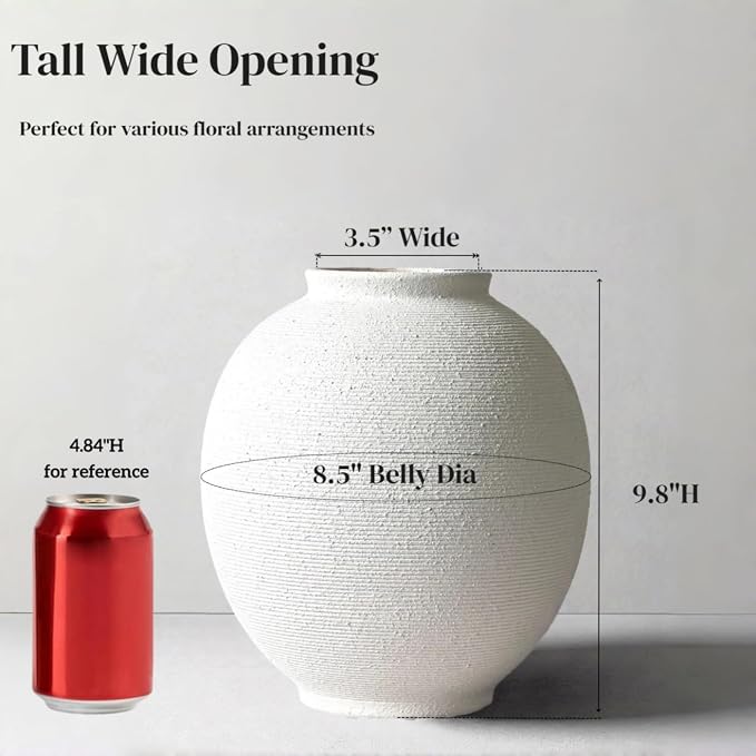 White Ceramic Vase, 9.8" Large, Sandstone White | Farmhouse Style, Hand-Made - Image 3
