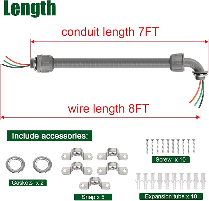 8FT Liquid-Tight Conduit Kit, 1/2" Pre-Wired Electrical Whip - Image 5