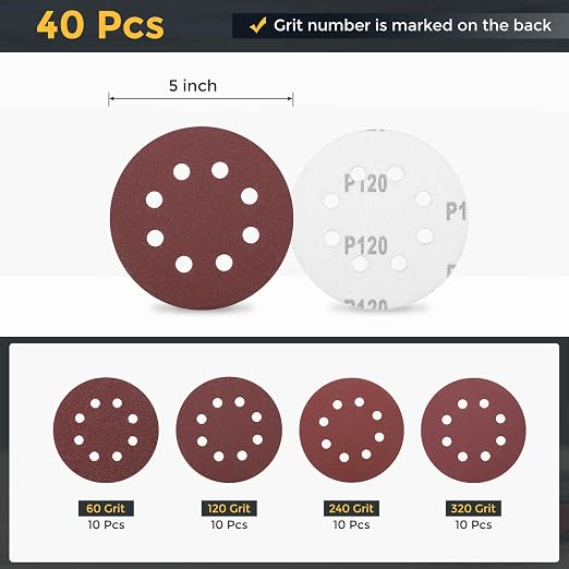 HARFINGTON 40Pcs 5Inch Sanding Disc 8 Hole Hook and Loop Sandpaper Red | - Image 2