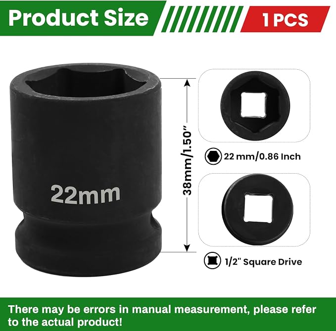 1/2" Drive 22mm Deep Impact Socket, 6 Point Chrome Molybdenum Steel Heavy Duty - Image 2