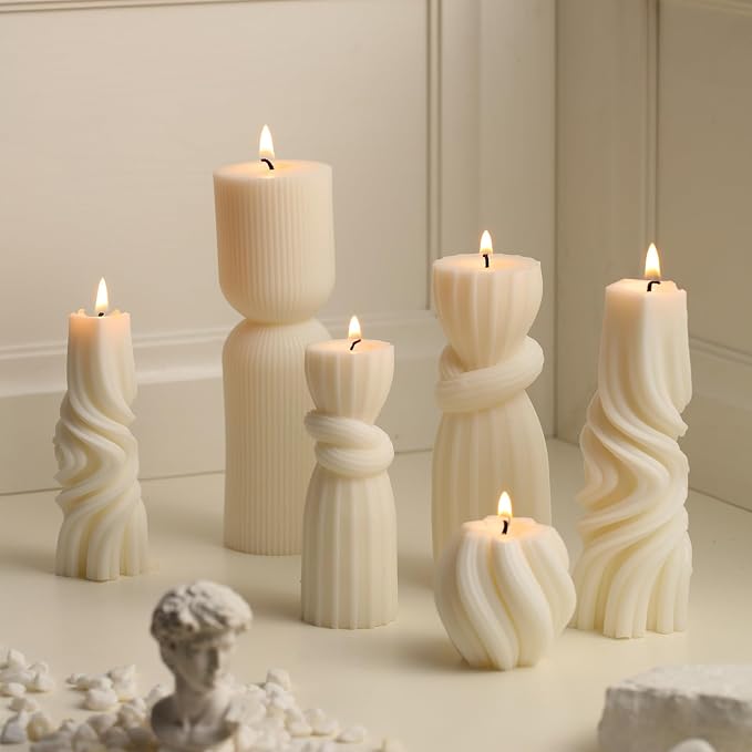 Threlaco 6 Pcs Ribbed Pillar Candles, 2.36-6.89 Inch Heights, Modern Spiral - Image 5