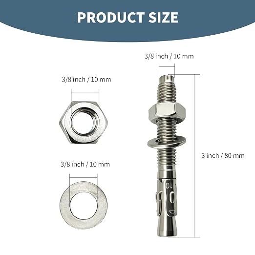 3/8"x3"304 Stainless Steel Wedge Concrete Anchors, Heavy Duty Expansion Bolts - Image 2