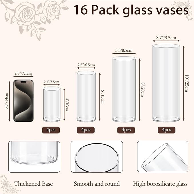 16pcs 4/6/8/10 Inch Clear Glass Cylinder Vases - Image 2