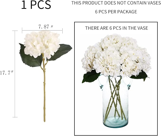 Kimura's Cabin 6pcs White Hydrangea Artificial Flowers Silk Fake Hydrangeas | - Image 2