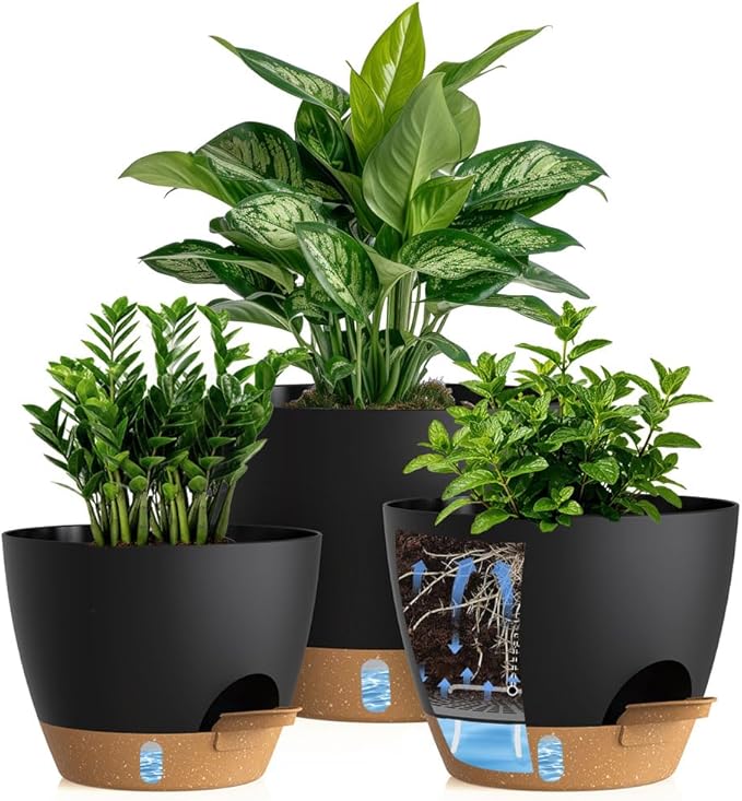 Self Watering Pots with Drainage Holes, 3 Pack 12/10/8 Inch Plant Pots with by KUGAZ