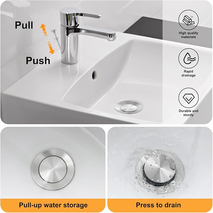 Pop-Up Sink Drain Stopper with Lift Rod and Overflow, Chrome Finish - Image 2