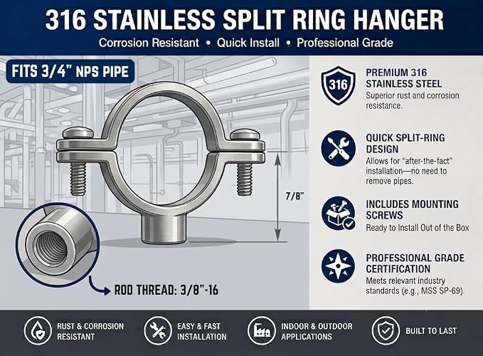 Split Ring Pipe Hanger, 316 Stainless Steel, 3/8" Rod Fitting, Marine Grade - Image 2