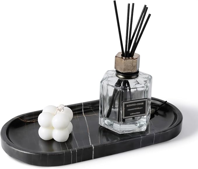 Black Marble Vanity Tray for Bathroom Countertop, Stone Jewelry Dish Candle by Koville