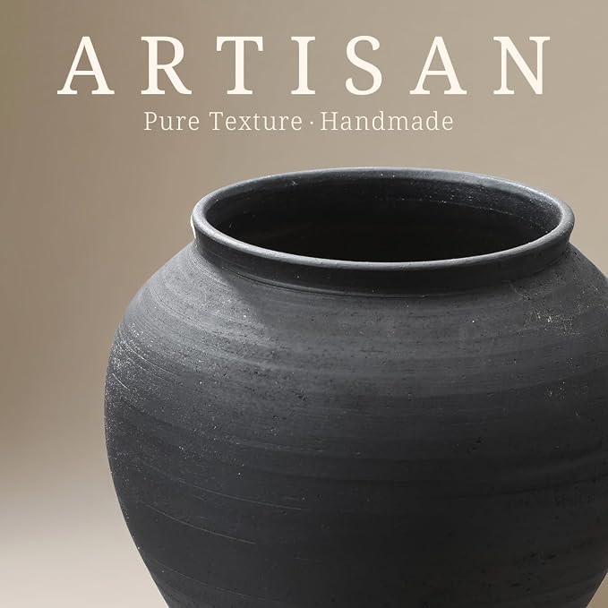 Matte Black Ceramic Vase, 6.7” Wabi-Sabi Ribbed Flower Vase, Handmade Pottery - Image 4