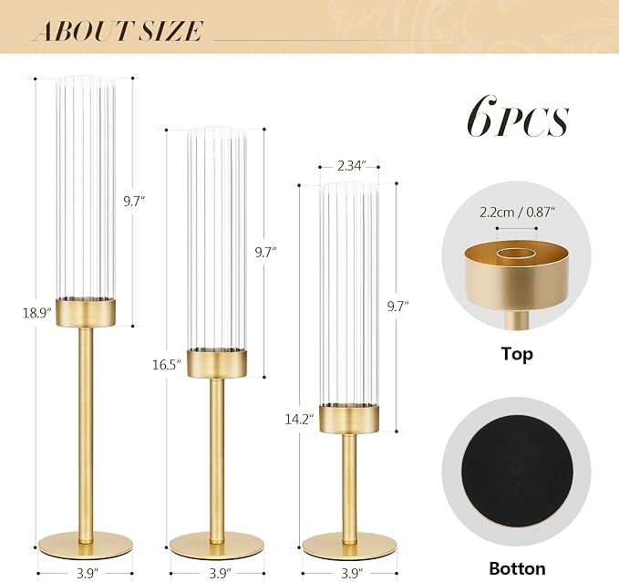 Glass Hurricane Candlestick Holders Gold, KSWING Set of 6 Taper Candle Holders - Image 4