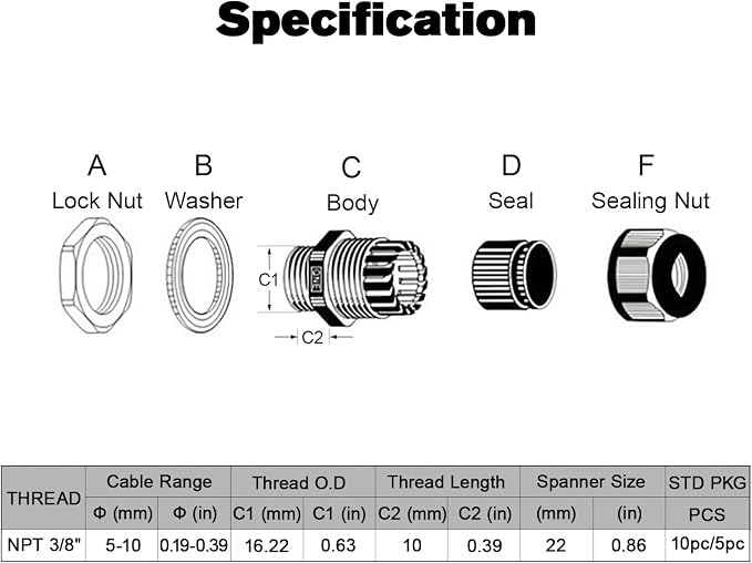10 Pack NPT 3/8" Cable Glands Waterproof Adjustable 5-10mm Cable Connectors - Image 2