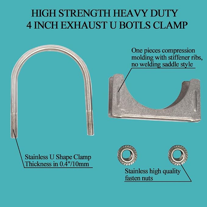 4 inch Heavy Duty Exhaust U Bolt Clamp, Stainless Steel | M10 Thick Rod Heavy - Image 3