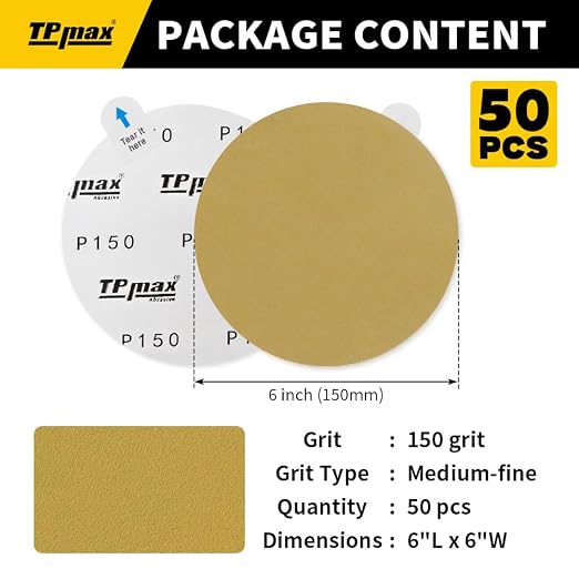 6-Inch 150-Grit Gold PSA Sanding Discs, 50 Pack – Pro-Grade Self-Adhesive - Image 2
