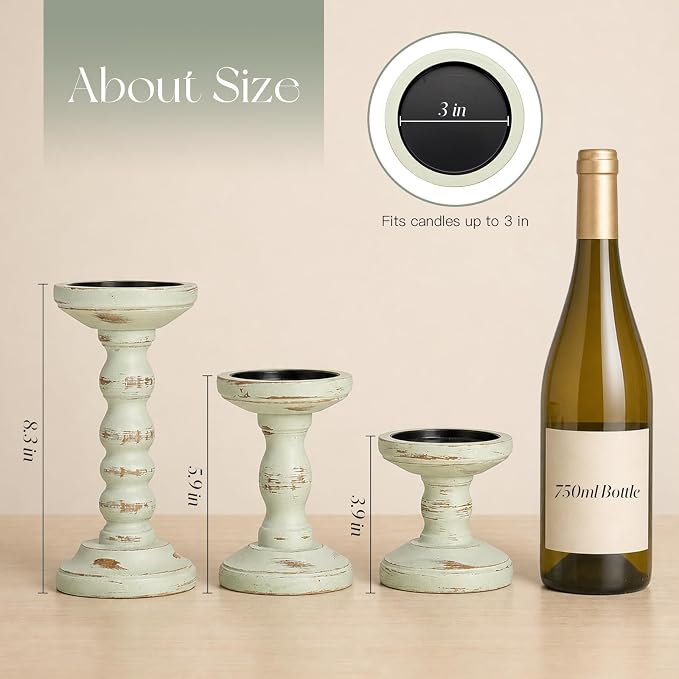 Wood Candle Holder for Pillar, Sage Green Farmhouse Decor | Set of 3, Table - Image 3