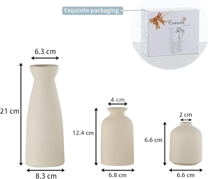 CEMABT Beige Ceramic vase Set-3 Small Flower vases - Image 3