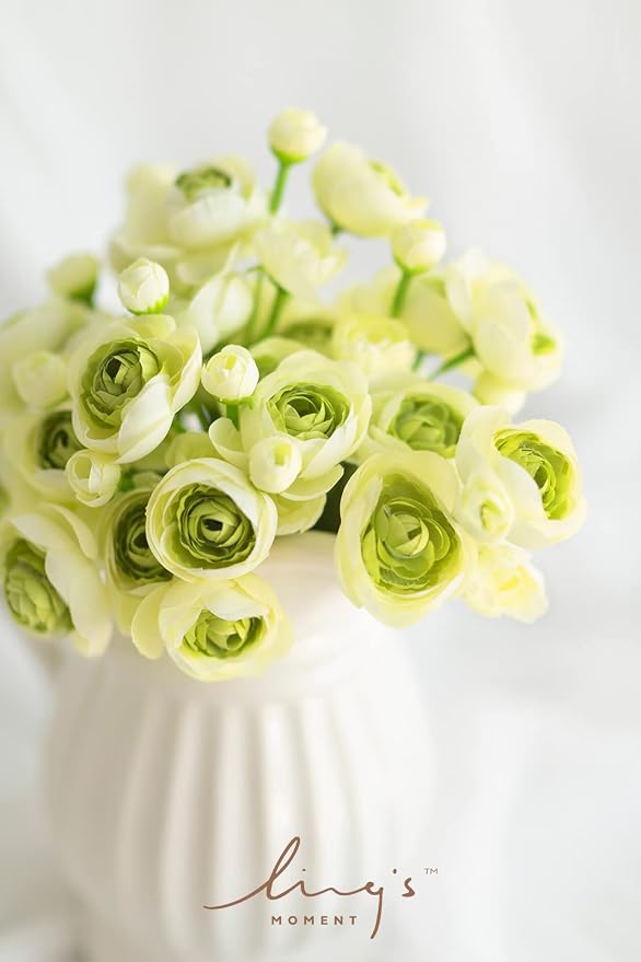 Ling's moment Fake Flowers Artificial Flower Faux Silk Ranunculus Green | Silk - Image 3